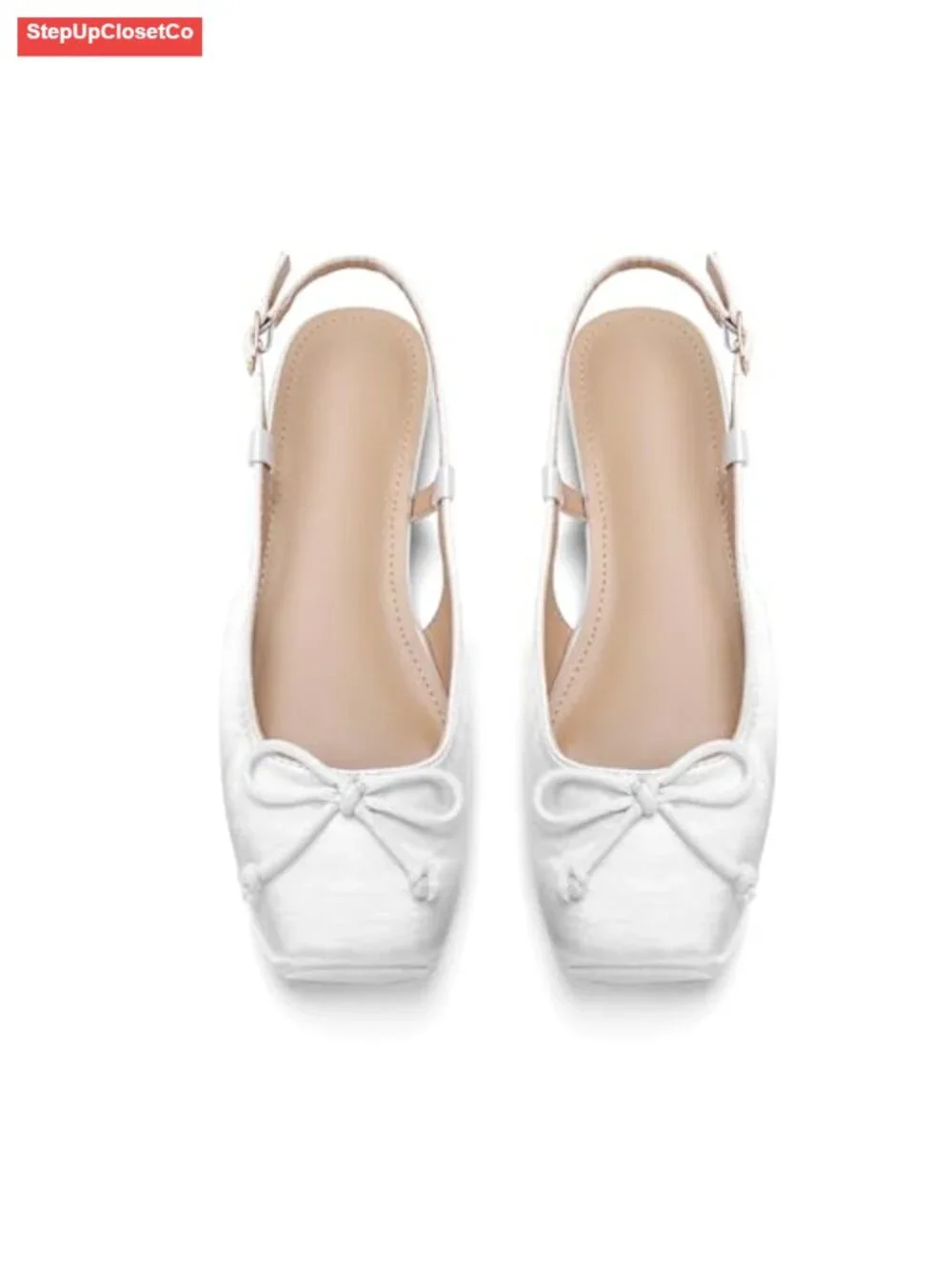 Satin Square Toe Bow Knit Ballet Flats with Ankle Buckles